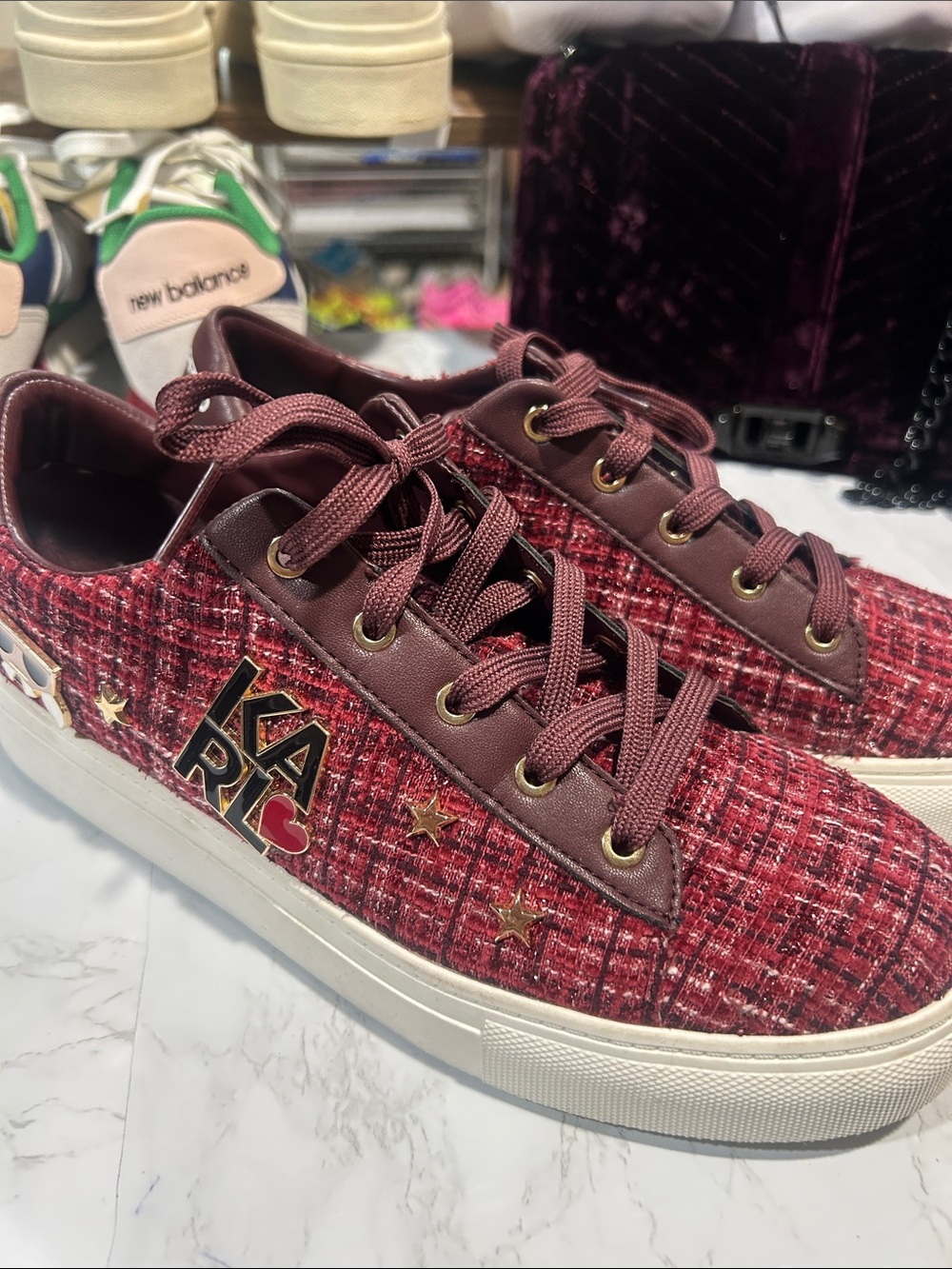 Karl Lagerfeld Paris Cate Pins Burgundy Tweed Sneakers